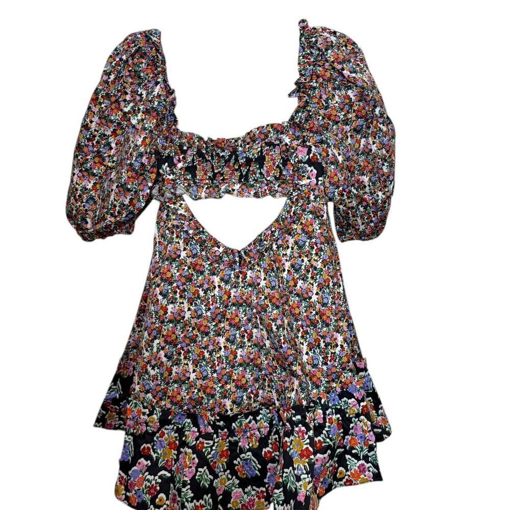 For Love & Lemons Floral Babydoll Mini Dress Cutout Puff Sleeve Medium - Picture 2 of 5